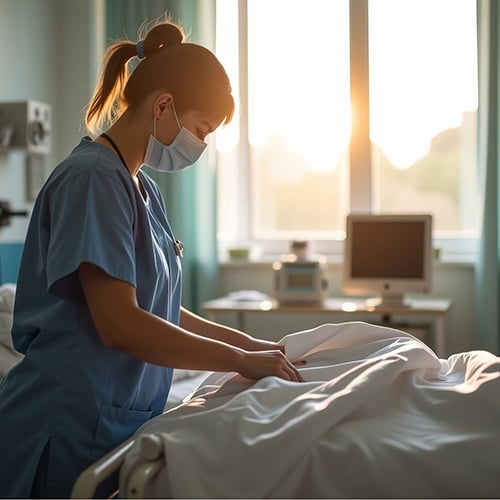 A nurse making up a hospital bed