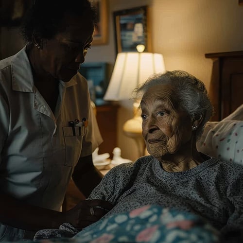 A nurse taking care of an elderly woman