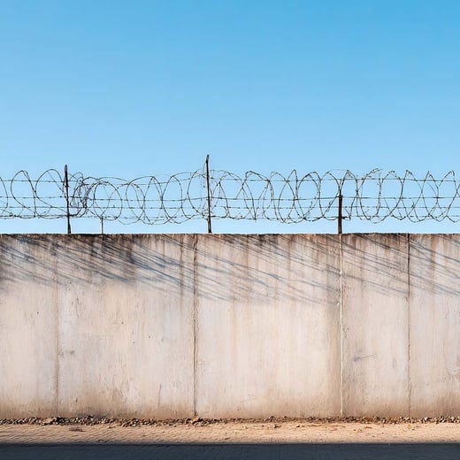A photo of a wall with barbed wire on top of it