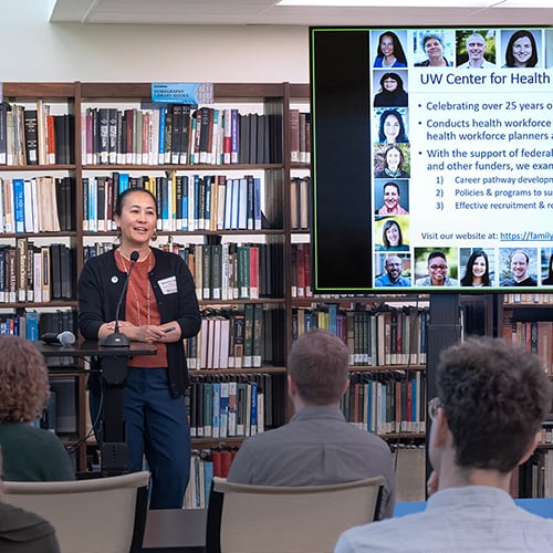 Bianca Frogner presenting at the annual Population Aging Research Center retreat